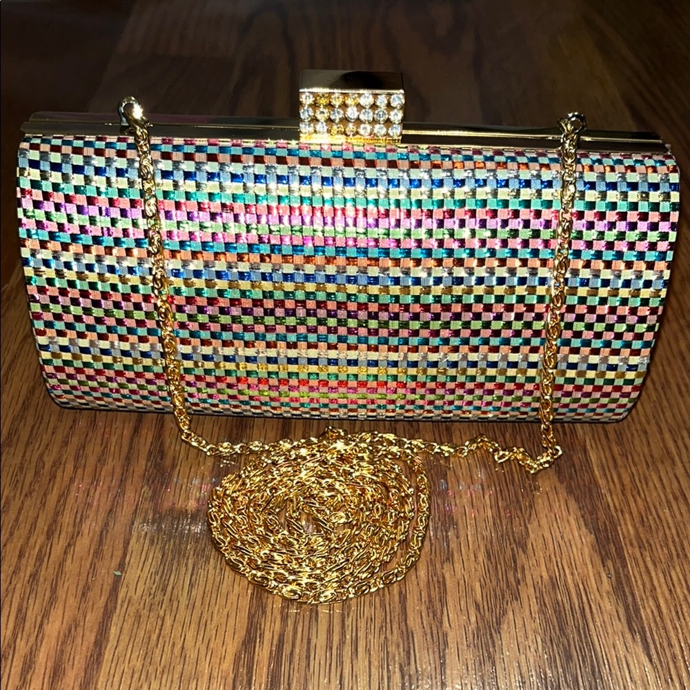 Frangi Glamorous Gold Clutch with Reflective Finish and Chain. New w/o tag.